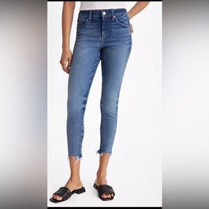 Express Mid Rise Medium Wash Raw Hem Cropped Skinny Jeans
